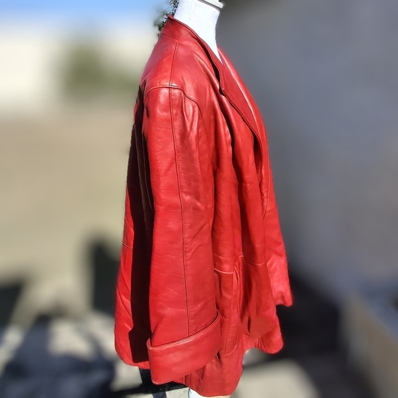 Koslow's Red Leather Open-Front Over-Sized Jacket Coat Women Size Small-Medium - Picture 5 of 16